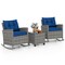 3-Piece Mix Brown Rattan Outdoor Rocking Chair Set with Navy Cushions and Tempered Glass Table